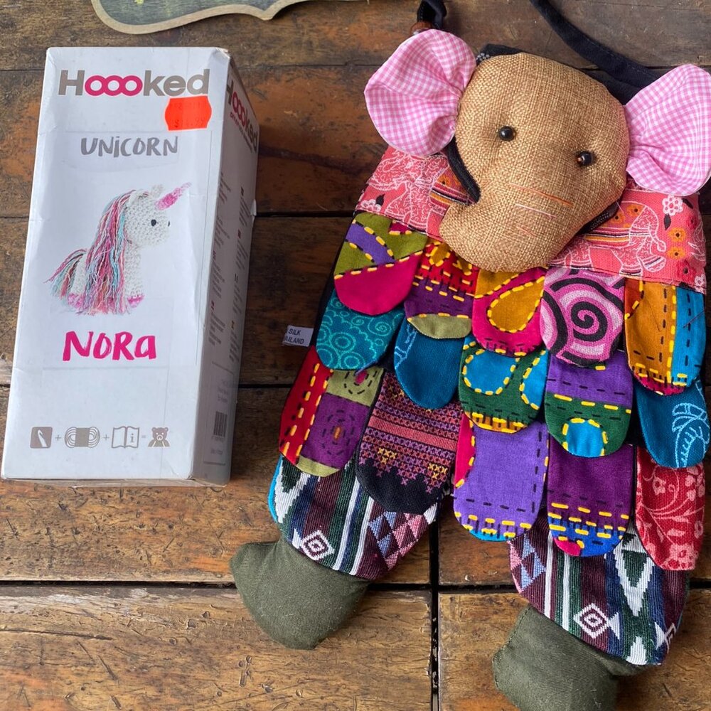 Hoooked Nora Unicorn Craft Kit & Elephant Burlap Backpack Set